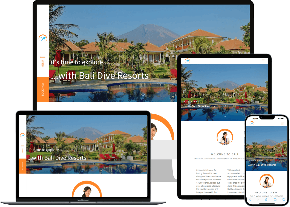 Responsive web design preview of Bali Dive Resort & Spa on desktop, tablet, and mobile screens with mountain and pool in background