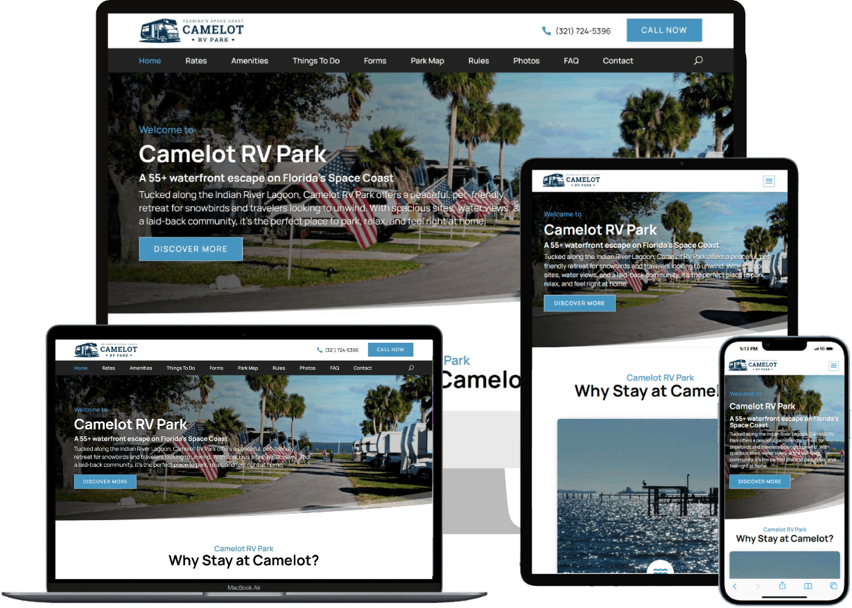 Responsive Website Design for Camelot RV Park Responsive layout of Camelot RV Park website displayed on desktop, tablet, and mobile devices showcasing RV resort in Florida