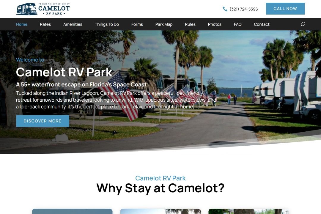 Screenshot of Camelot RV Park homepage showing waterfront RV sites and American flags on Florida’s Space Coast