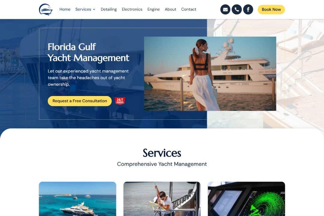 Homepage of Florida Gulf Yacht Management showcasing luxury yacht services, consultation button, and navigation menu