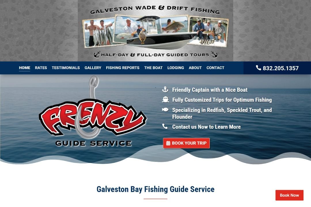 Frenzy Guide Service homepage showing guided fishing trips in Galveston Bay with booking options and trip highlights