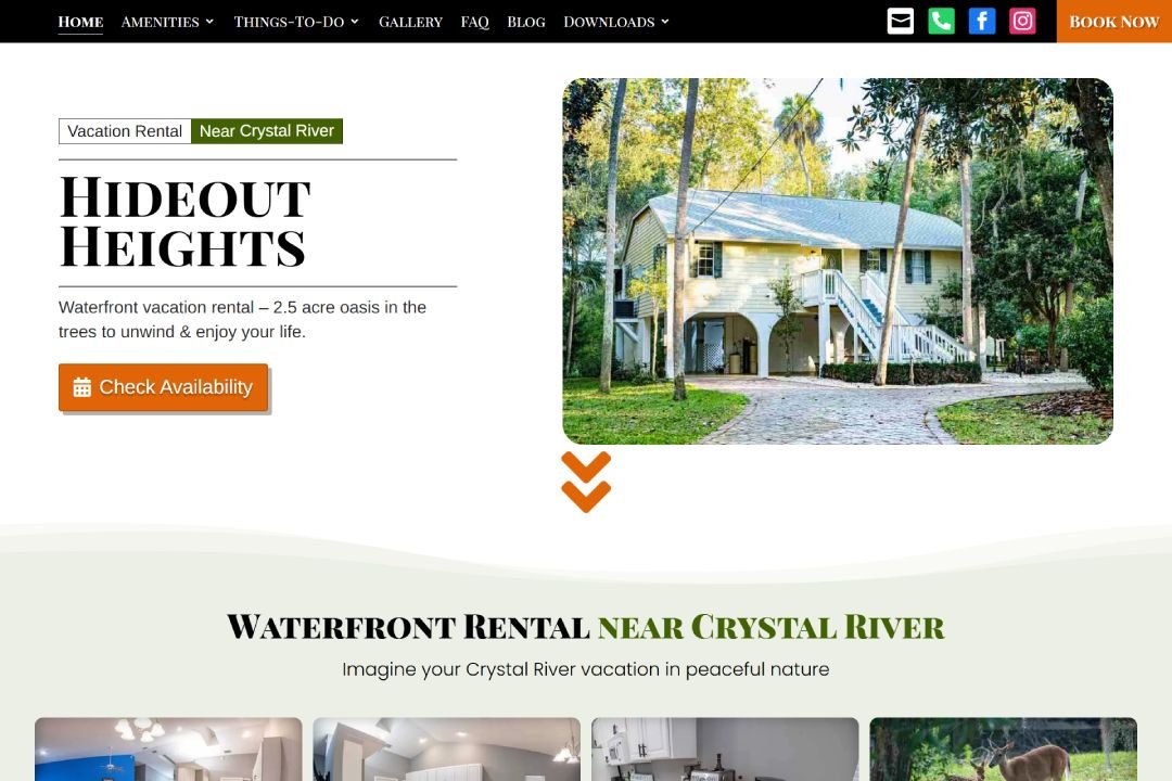 Hideout Heights homepage showcasing a waterfront vacation rental near Crystal River with nature setting and booking button