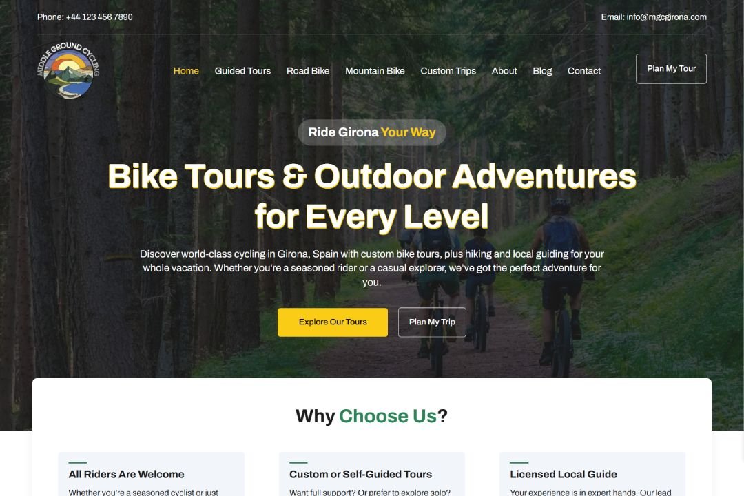 Middle Ground Cycling homepage featuring custom guided bike tours in Girona with forest trail background and booking options