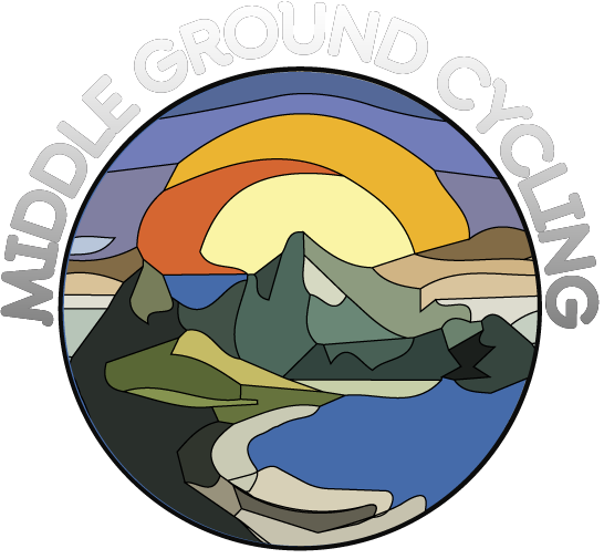 Middle Ground Cycling Girona Logo Middle Ground Cycling Girona company logo with stylized mountain and sunset illustration