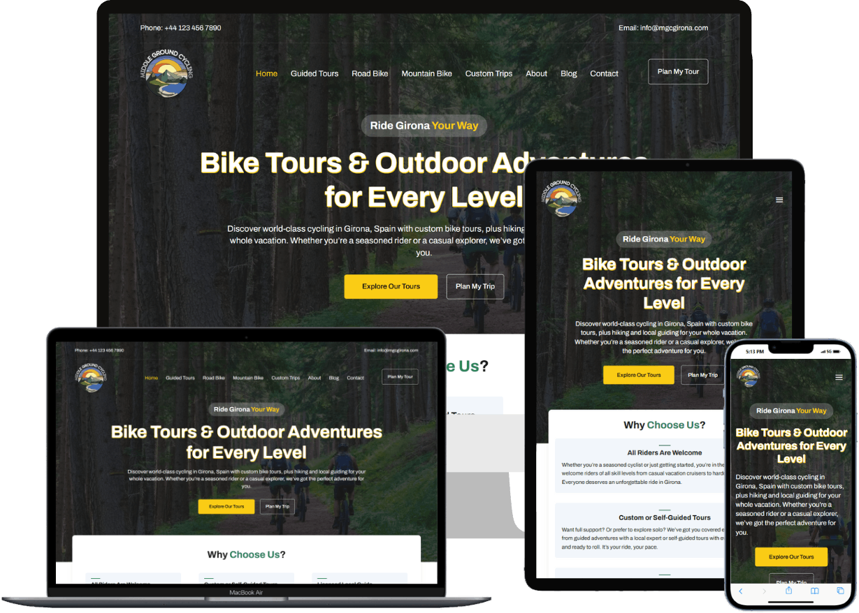 Middle Ground Cycling Girona Website – Responsive Preview Responsive preview of Middle Ground Cycling Girona website shown on desktop, tablet, and mobile devices, highlighting user-friendly layout and tour call-to-actions.