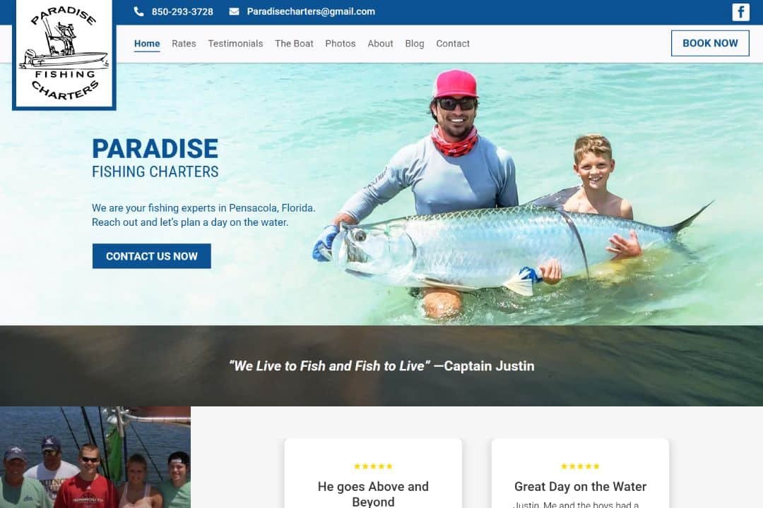 Paradise Fishing Charters homepage featuring captain and child with large catch in Pensacola, Florida, and contact details