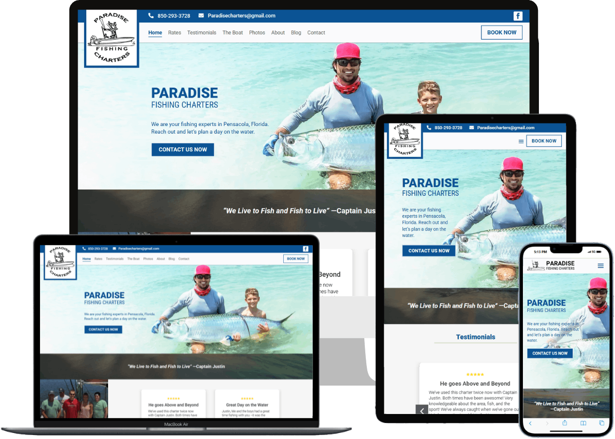 Paradise Fishing Charters Website Preview – Pensacola, FL Responsive WordPress website design for Paradise Fishing Charters in Pensacola, Florida showing desktop, tablet, and mobile views