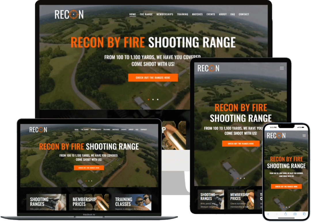 Recon By Fire shooting range website displayed on desktop, tablet, and mobile devices, designed by JaYo Designs