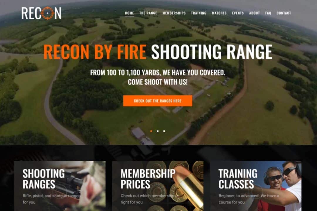 Homepage of Recon By Fire showing long-range shooting facility with navigation for memberships, training, and events