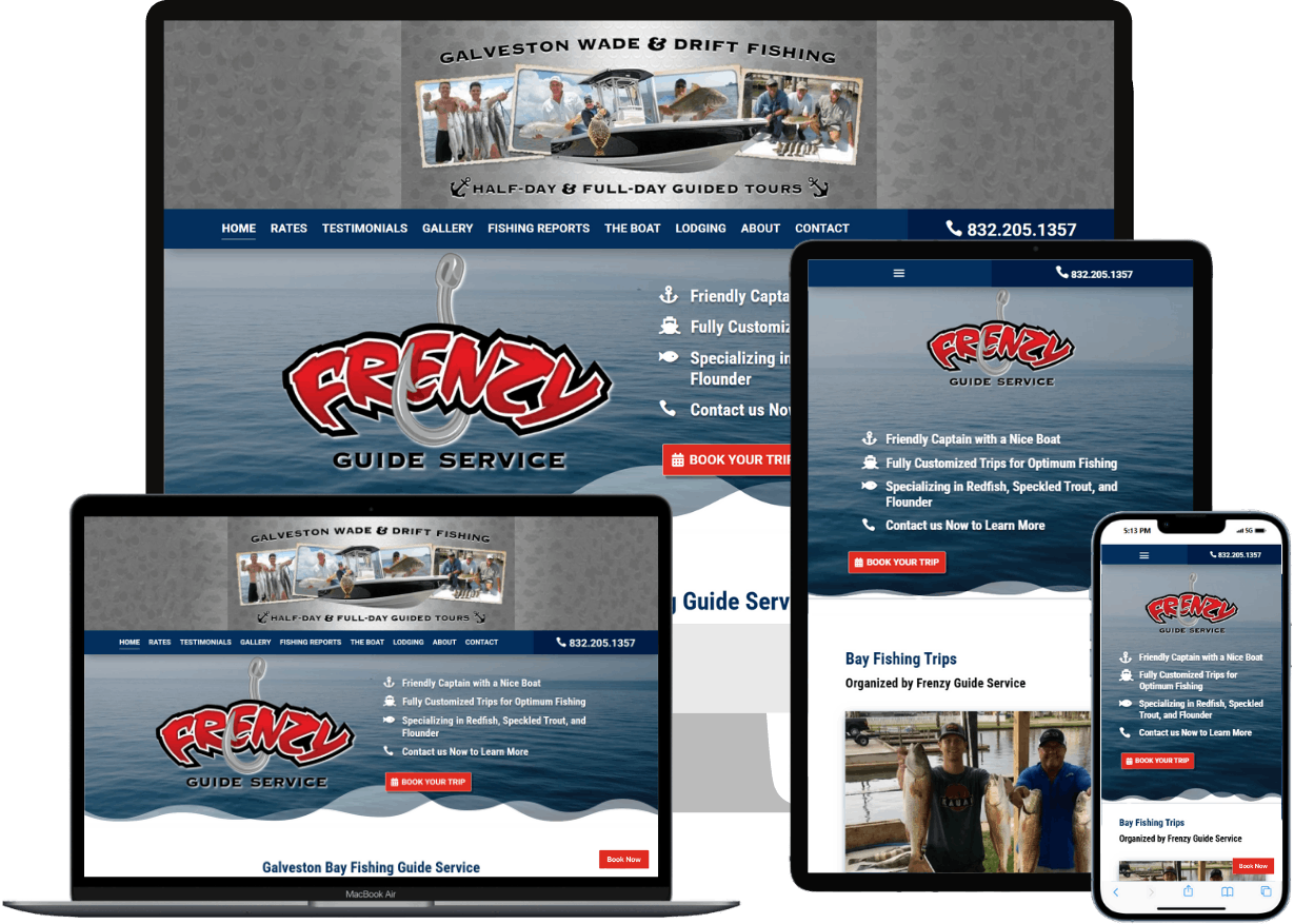 Responsive Website Design – Frenzy Guide Service Galveston Mockup of Frenzy Guide Service website on desktop, tablet, and mobile devices, featuring fishing guide branding and booking CTA