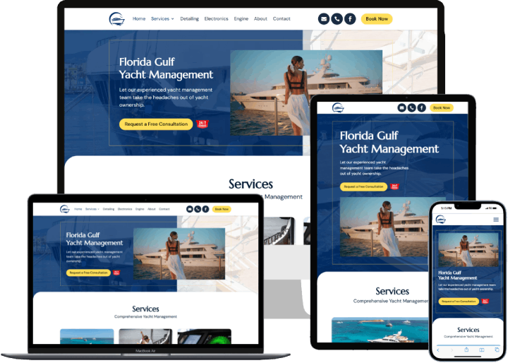 Responsive Website Design for Florida Gulf Yacht Management Mockup of Florida Gulf Yacht website shown on laptop, tablet, and mobile devices showcasing responsive design
