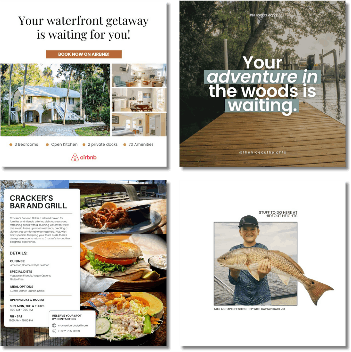 Hideout Heights Social Media and Branding Design Showcase | Jayo Designs Social media and branding designs for Hideout Heights by Jayo Designs, featuring Airbnb ad, adventure quote, Cracker’s Bar and Grill menu, and fishing trip promotion